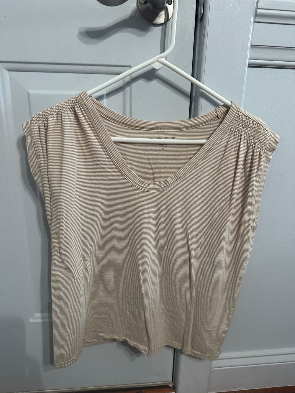 LOFT Tan Striped Cap-Sleeve V-Neck Tank